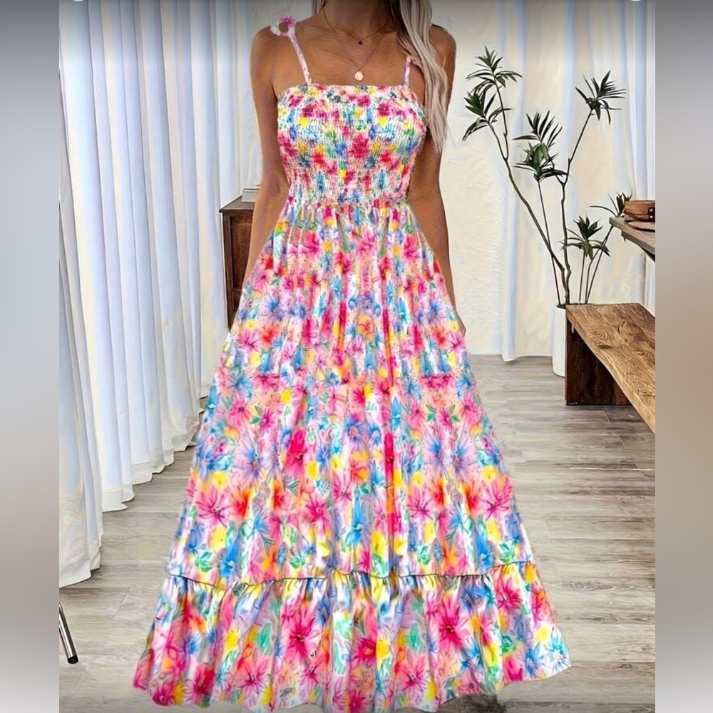 OFFERS OPEN! Women’s boho maxi dress Floral Tie-Dye Maxi Dress w Smocked Bodice
